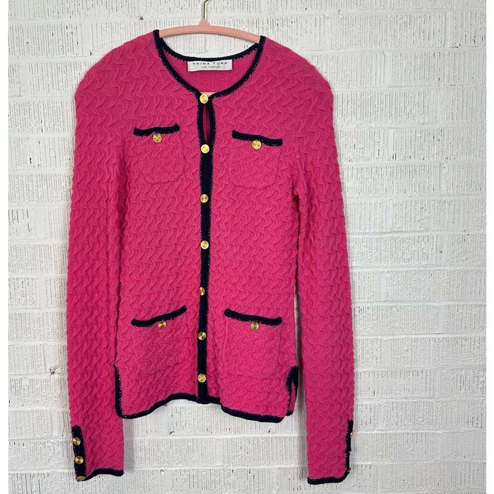Trina Turk Vermouth Pink/Navy Trim/Gold Button Wool Cardigan Sweater Pockets S
